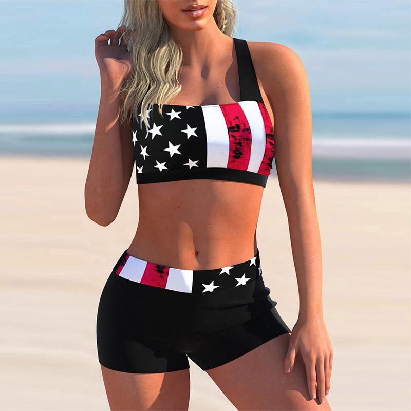 Damen Neckholder-Bikini-Tankini-Badeanzug, Badeanzug mit orangefarbenem Streifendruck M schwarz