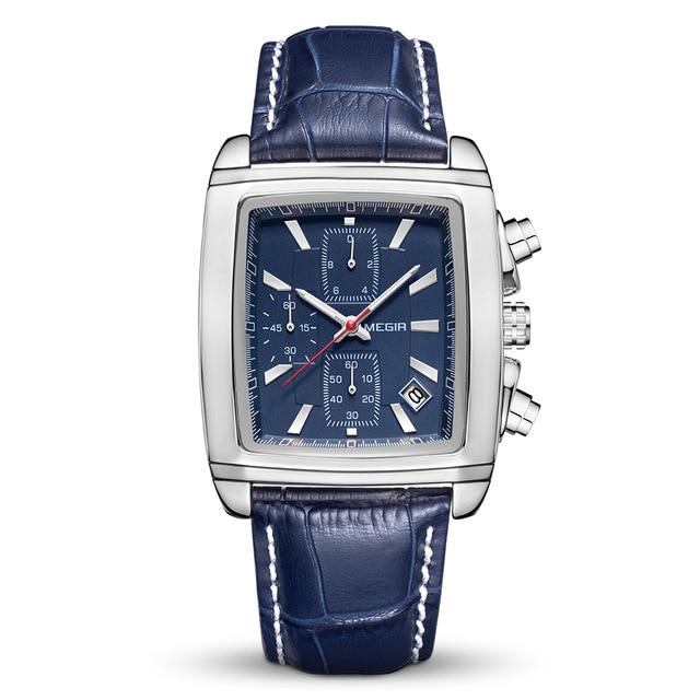 MEGIR Original Uhr Männer Top Marke Luxus Rechteck Quarz Militär Uhren Wasserdicht Leucht Leder Armbanduhr Männer Uhr 2028 blau
