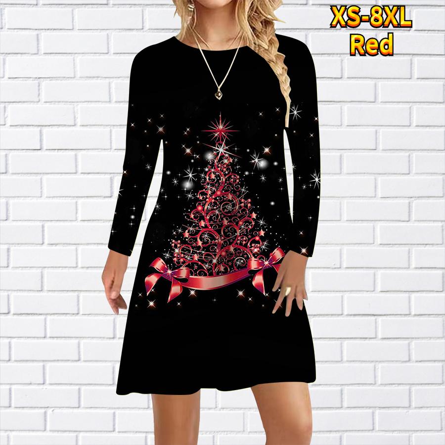 Damen Freizeitkleid mit Stern-Weihnachtsbaum-Print, Kleider für Damen, O-Ausschnitt, kurzärmelig, Übergröße L rot