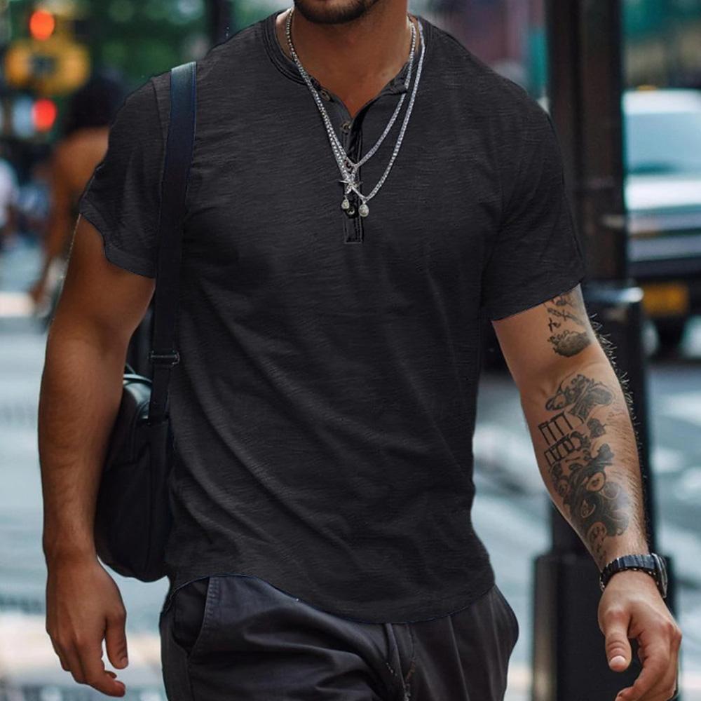 Henry Shirt Sommer Herren Casual Einfarbig Kurzarm T-Shirt für Männer Polo Herren Baumwolle Herren T-Shirts US XXXL(100-110KG) schwarz