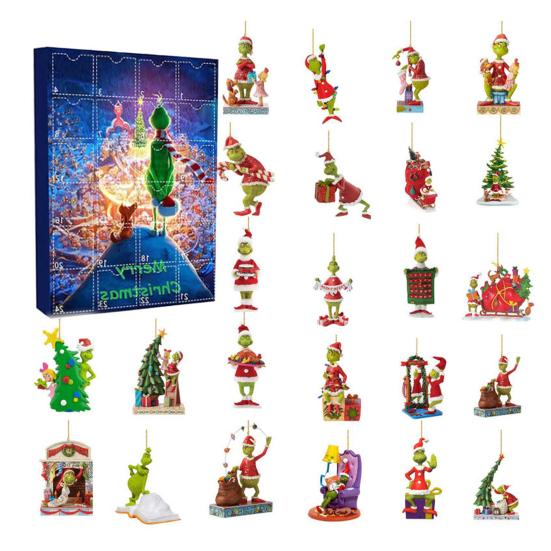 Weihnachten Advent Kalender 2024 24Pcs Grün Elf Figuren Weihnachten Countdown-Kalender Cartoon