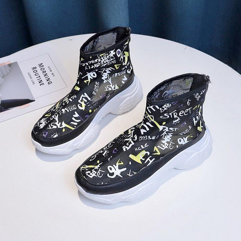 Damen Plateauschuhe Stiefeletten Damen Sommer INS Mesh Stiefel Atmungsaktive Damen Freizeitschuhe Runde Zehen Damen Chunky Sneakers 40