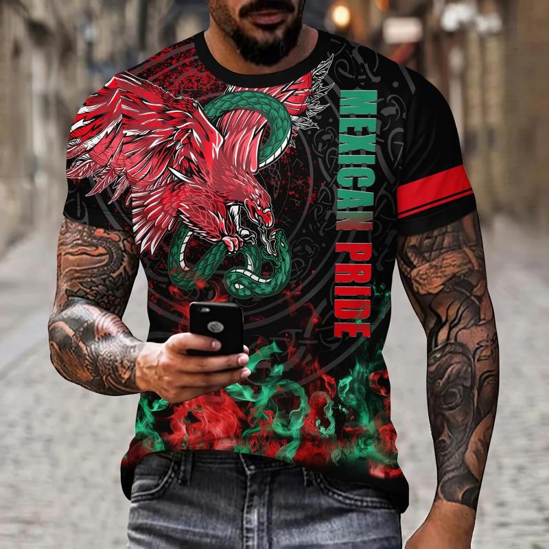 Mexikanische Flagge 3D-gedrucktes T-Shirt Herrenmode 3D Adler Muster Mode Übergroßes T-Shirt Sommer Rundhals Kurzarm Top 3XL