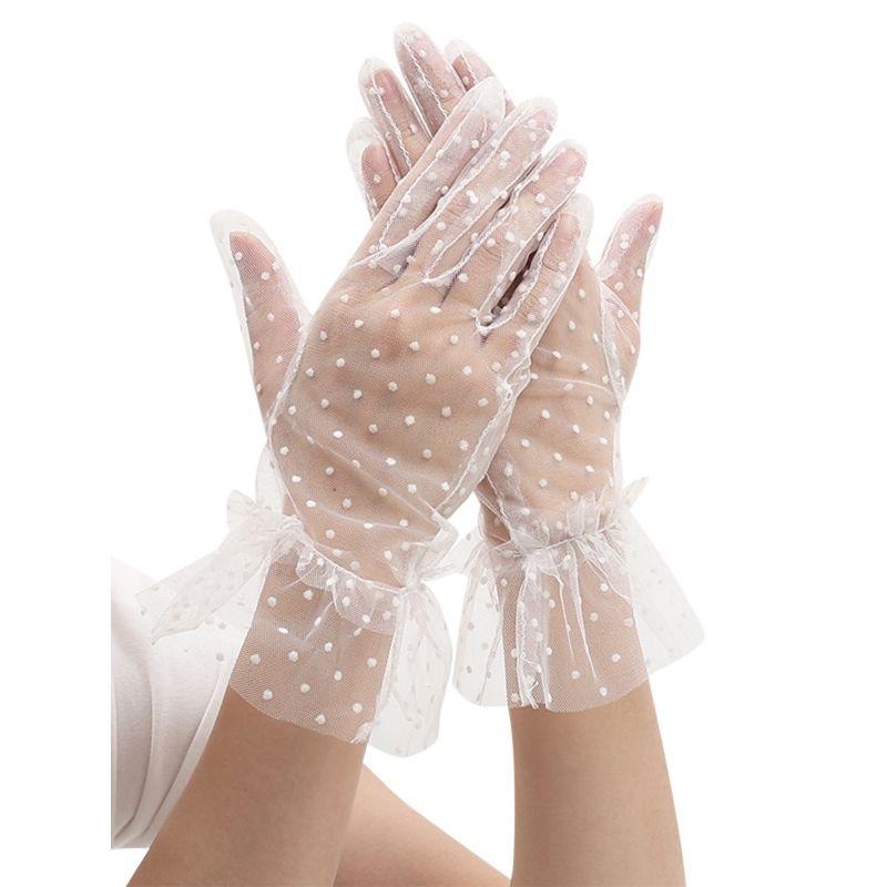 Französische Retro Gepunktete Netz Durchsichtige Spitze Handschuhe Damen Dünn Mit Spitze Hochzeitskleid Dekoration Vollfinger white