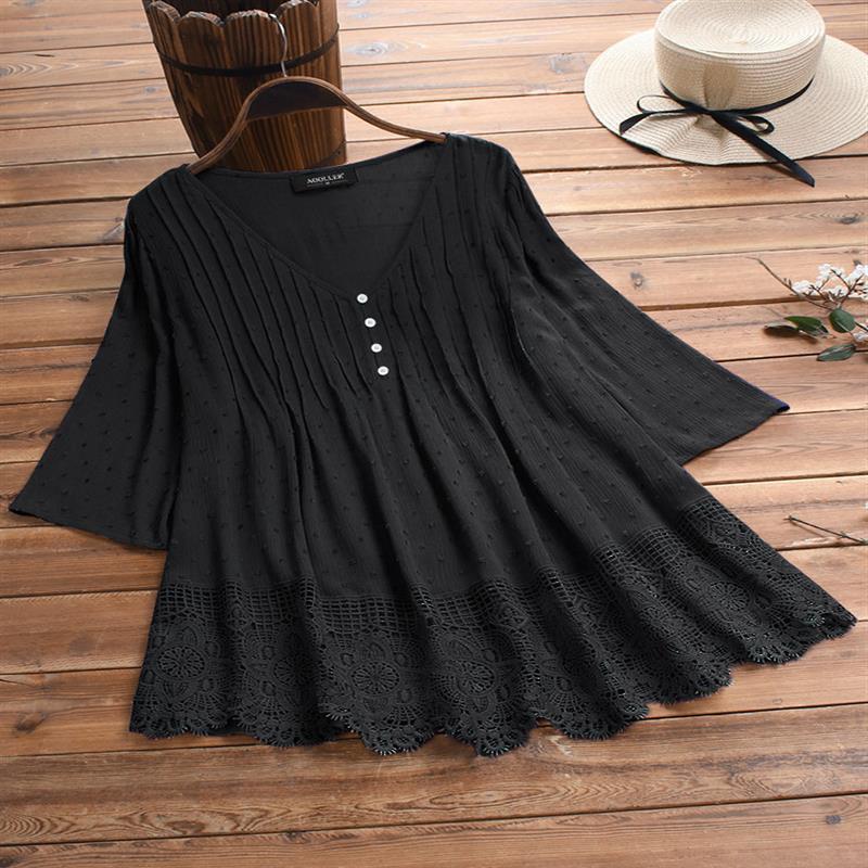 Frauen Mode Vintage Spitze Aushöhlen V-ausschnitt Plus Größe Blusen Top Kurzarm Shirts Weibliche Plus Größe Tunika L schwarz