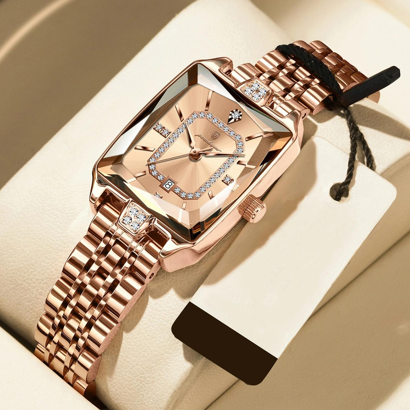 POEDAGAR Luxuriöse Elegante Uhr für Damen Datum Wasserdicht Rechteck Damenuhr Edelstahl Quarz Damenuhren rose gold