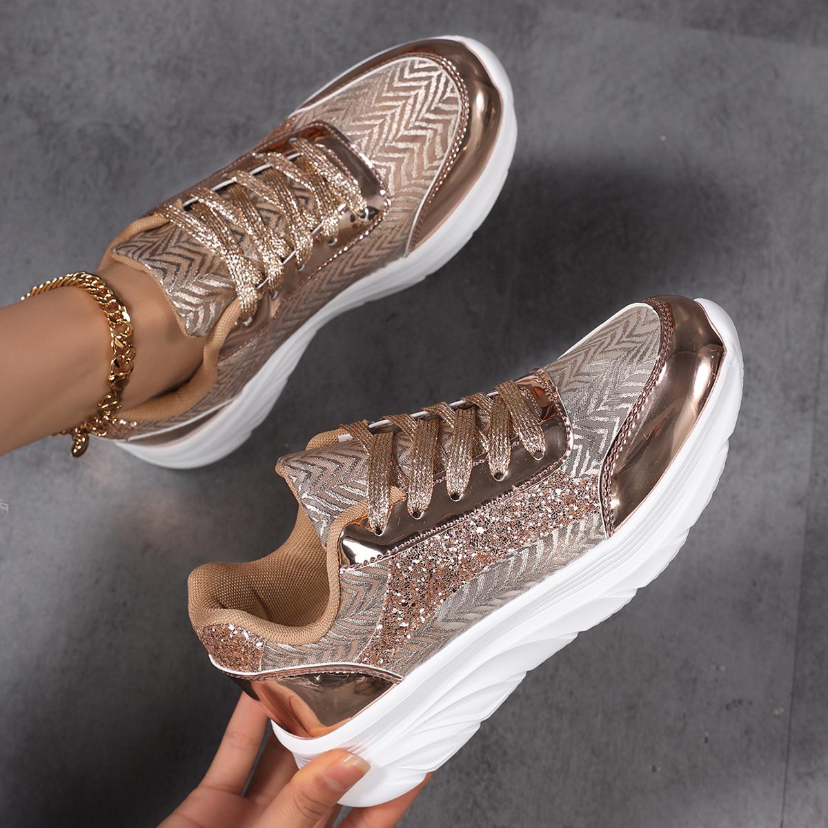 TUINANLE Mode Damenschuhe Bling Silber Schuhe Glänzende Sneakers Trend Casual Atmungsaktive Sneakers 41 gold