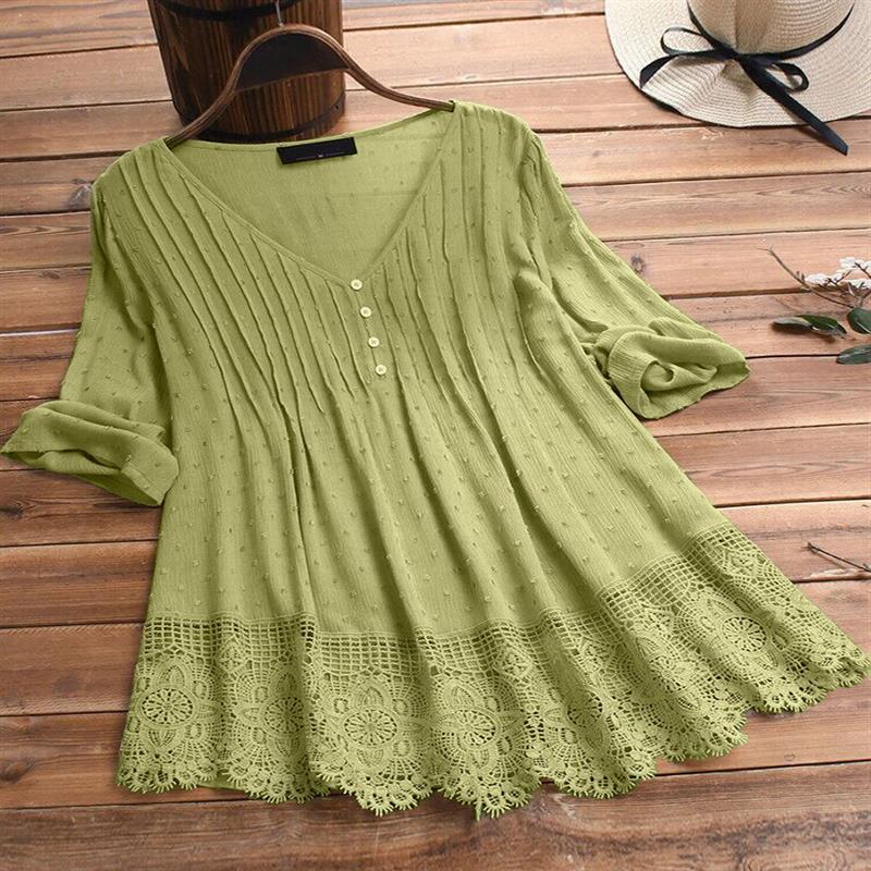 Frauen Mode Vintage Spitze Aushöhlen V-ausschnitt Plus Größe Blusen Top Kurzarm Shirts Weibliche Plus Größe Tunika L hellgrüne