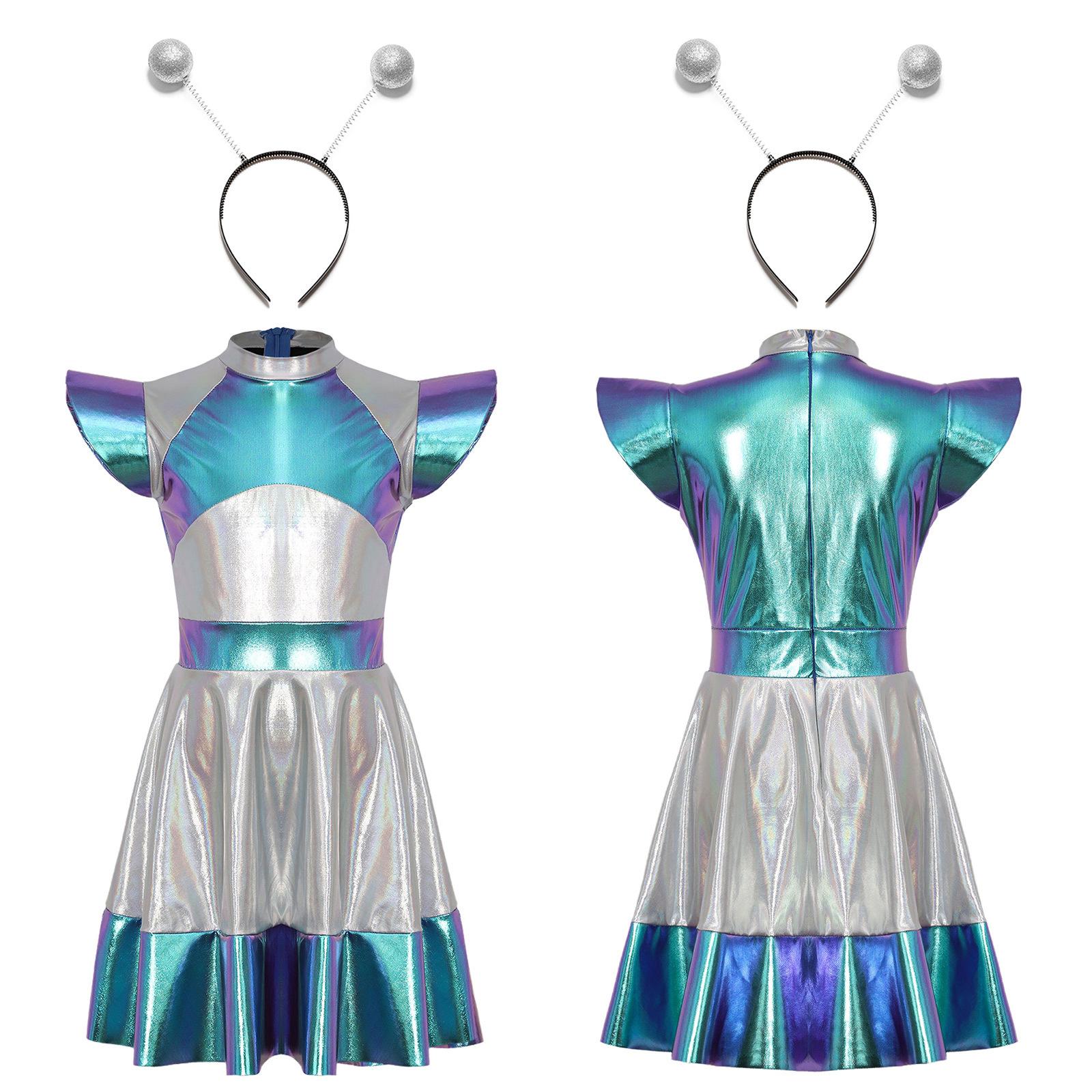 Kinder Mädchen Halloween Alien Cosplay Kostüm Weltraum Cutie Kostüm Kleid mit Lustigem Alien Haarreifen Accessoire 11-12 Years blau