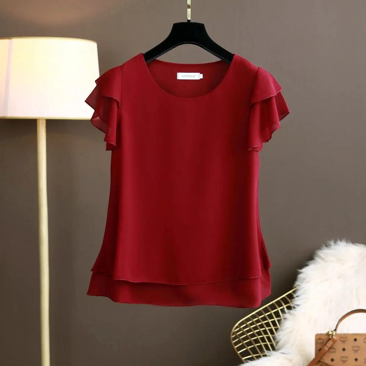 Sommer Übergroße lockere und dünne lässige Bluse Top Kurzarm Chiffon Top Weiße Bluse Grüne Damen Tops XL wein rot