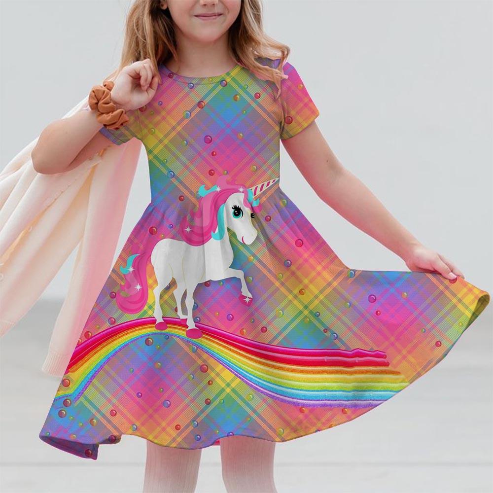 Sommerkleider für Mädchen Einhorn Kinder Kurzarmkleid Cartoon Kleinkinder Freizeit Gerade Kleider Kinderkleidung 3-12 Jahre 100