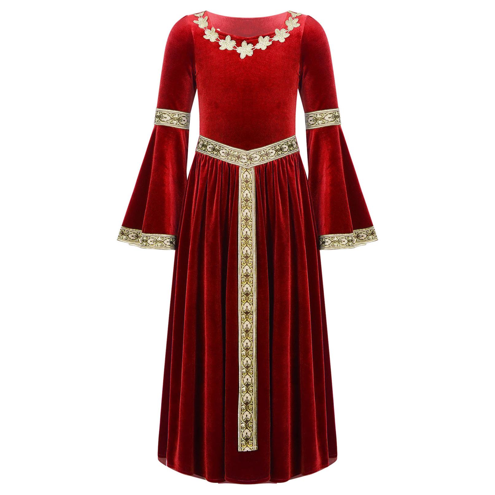 Kinder Mädchen Mittelalter Renaissance Prinzessin Kostüme Samt Vintage Maxikleid Ballkleid Halloween Kostüm 7-8 Years rot