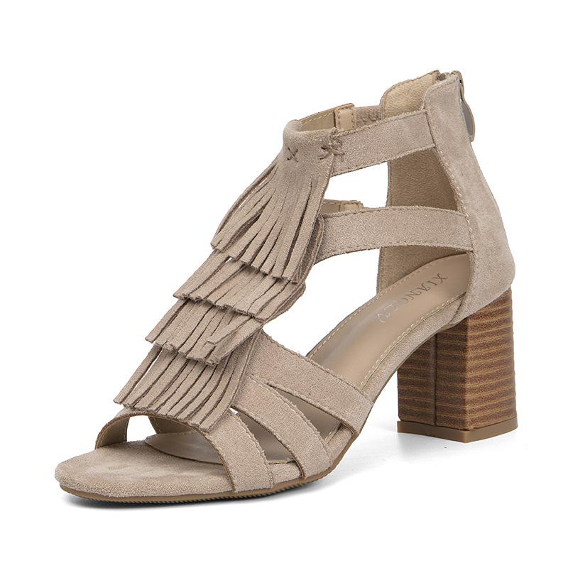Außenhandel blockabsatz sandalen frauen neue quaste sandalen mode hinten reißverschluss hochhackige fischmaul römischen schuhe 41 apricot