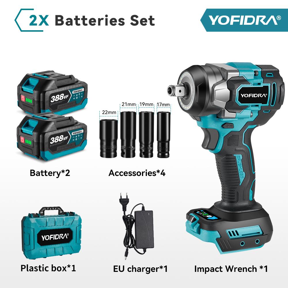 YOFIDRA 1200N.m Bürstenloser elektrischer Schlagschrauber 1/2'' Akkuschrauber Autoreparatur 5-Gang-Elektrowerkzeug für Makita 18V Batterie 2 Battery (Plastic Box)