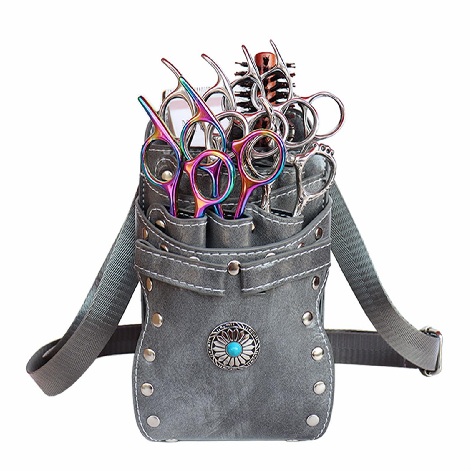 Friseur-Scheren-Tasche, Friseur-Hüfttasche, abnehmbare Scherenhalter-Tasche mit 7 Fächern, PU-Leder-Werkzeugtasche grau