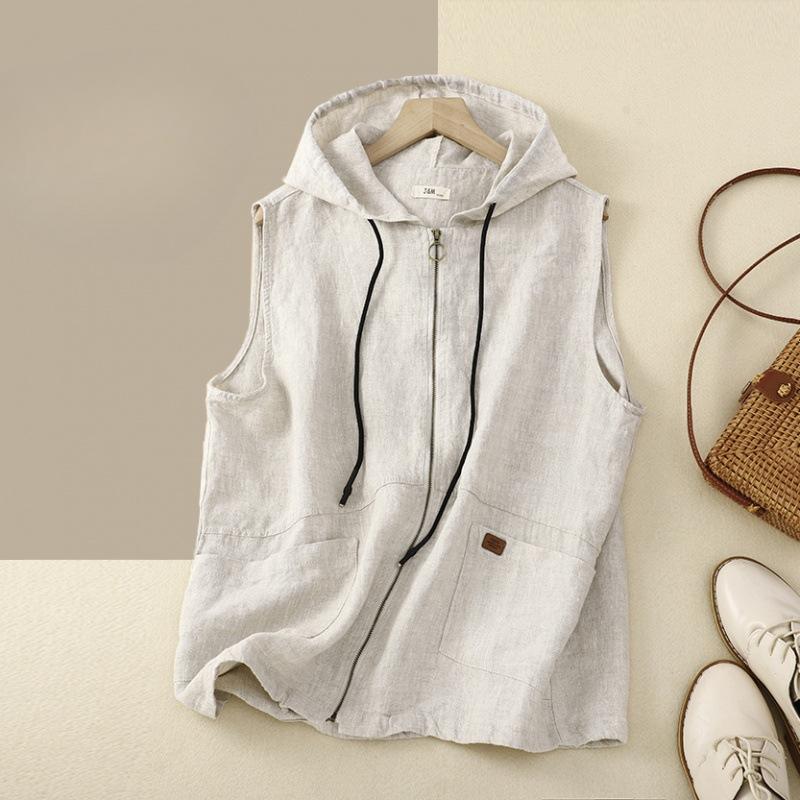 Frühling Sommer Damen Retro Kapuzen Weste Baumwolle Leinen Lässig Locker Ärmellos Westen Kurze Jacke für Damen Westen XL beige