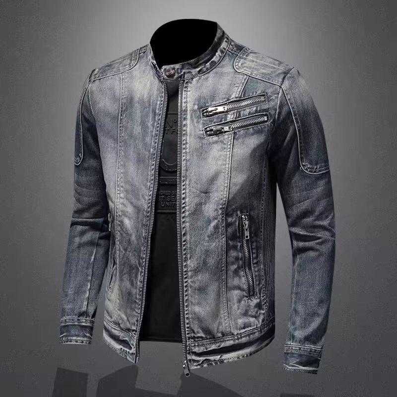 Jeansjacken Herren Casual Stehkragen Moto Biker Oberbekleidung Mäntel Herrenmode Reißverschlüsse Motorrad Streetwear Jacke Männliche Kleidung XXL blau