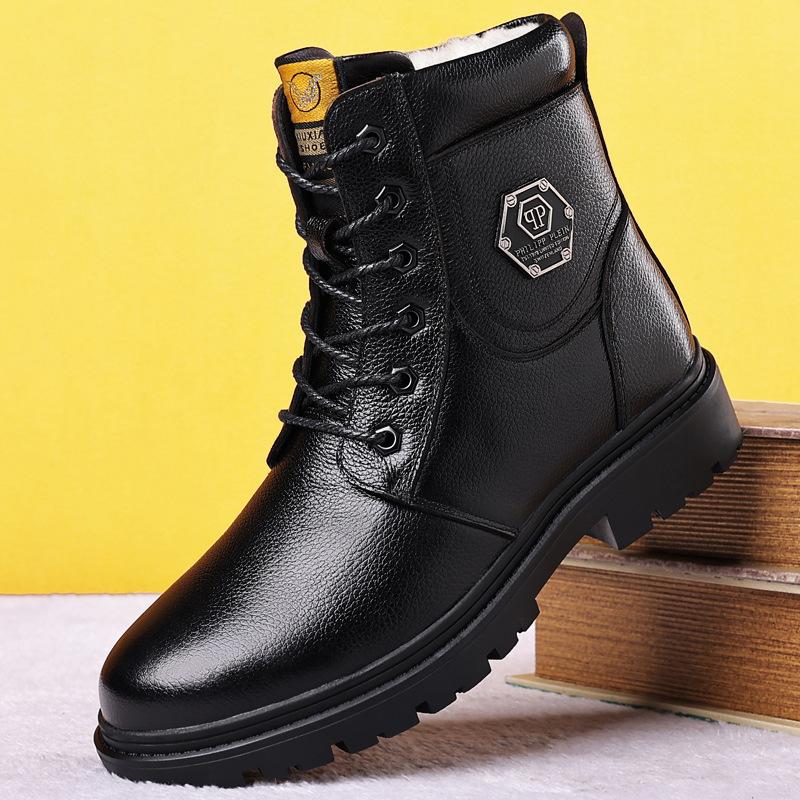 Rindsleder und Fleece Martin Stiefel Herrenschuhe Wolle Kaschmir Britisch Casual Nordost High-Top Baumwollschuhe Lederstiefel Herrenschuhe Cargo Stiefel 44