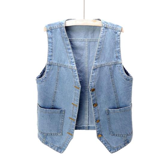 Plus Größe Frauen Vorderen Knopf Denim Weste Vintage V-ausschnitt Ärmellose Denim Weste Weibliche Herbst Oberbekleidung Strickjacke Tops L hellblaue