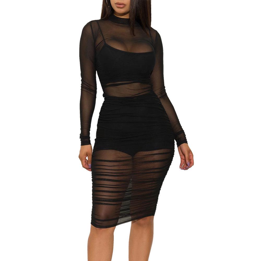 Damen-Netz-Kleid-Set im europäischen Stil: Kleid + Unterhemd + Shorts (Dreiteilig) Neuankömmling Large schwarz