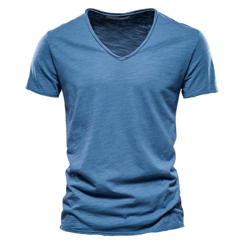 AIOPESON Sommer 100% Baumwolle Elastizität T Shirt Männer Casual Weiche Fitness Shirt Männer T Shirt Tops T Shirts V-ausschnitt kurzarm T-shirt Männer XL blau