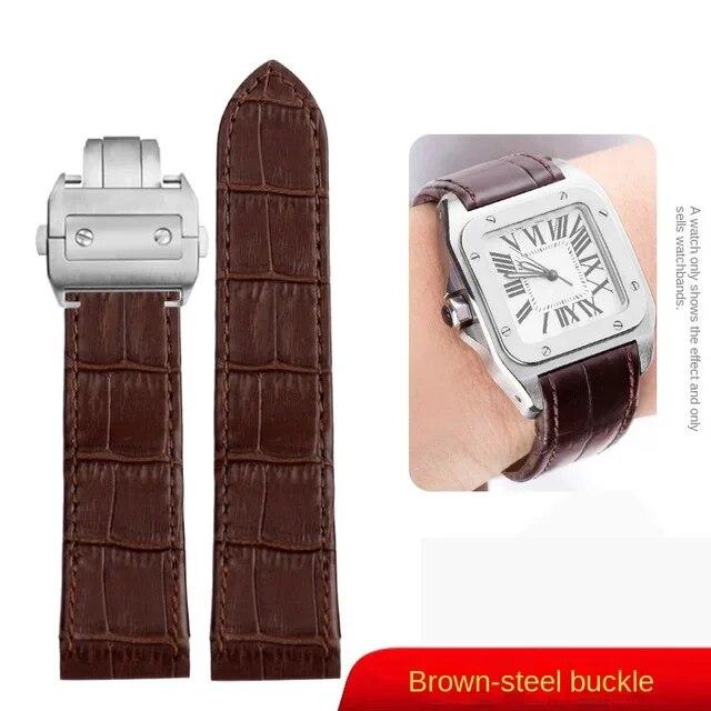 Uhrenarmband für Cartier Santos 100 Uhr 20mm 23mm Herren Damen Hochwertiges Rindslederarmband Faltschließe Echtes Lederarmband Brown-silver  23mm