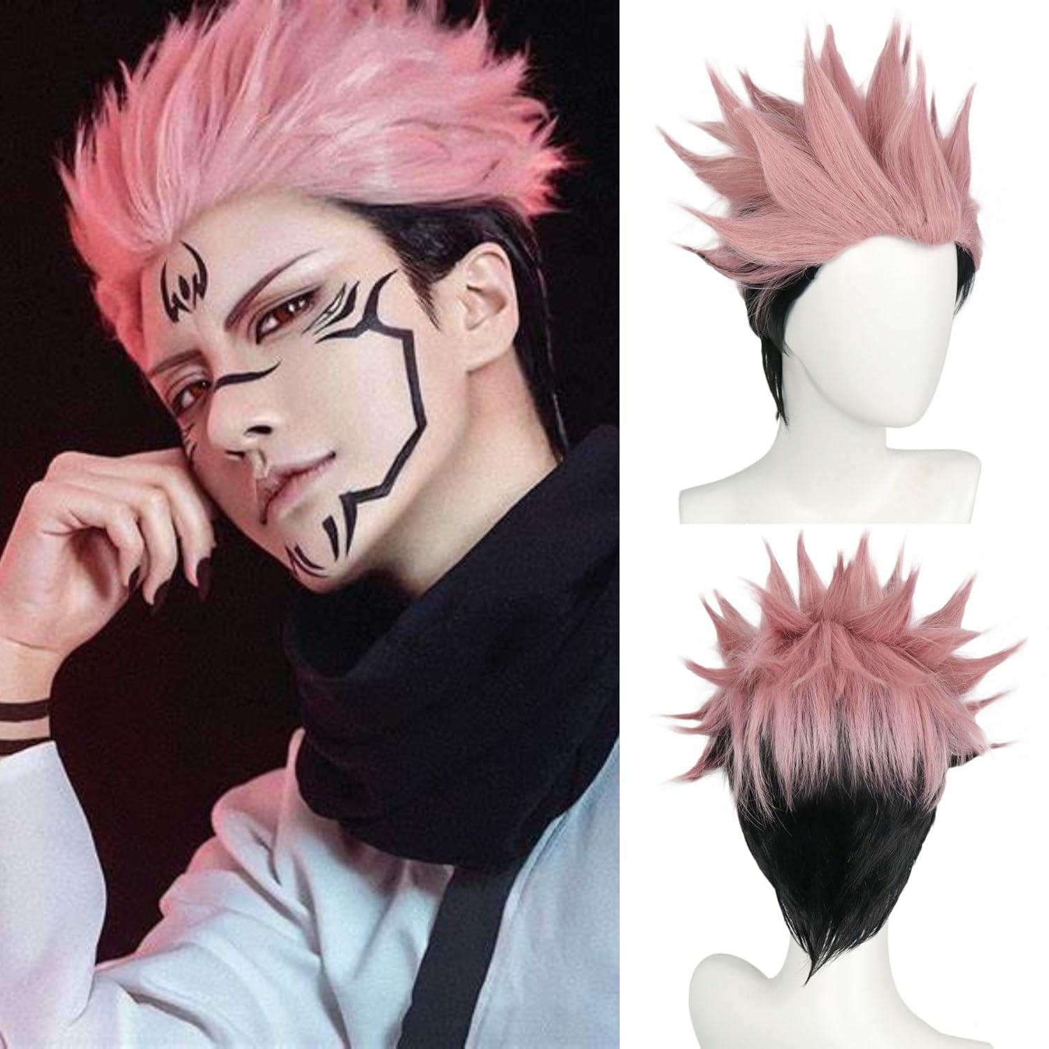 Anime Jujutsu Kaisen Cosplay Ryomen Sukuna Perücke Jujutsu Kaisen Yuji Itadori Rosa Schwarz Kurz Hitzebeständige Faser Haarperücken as the picture-