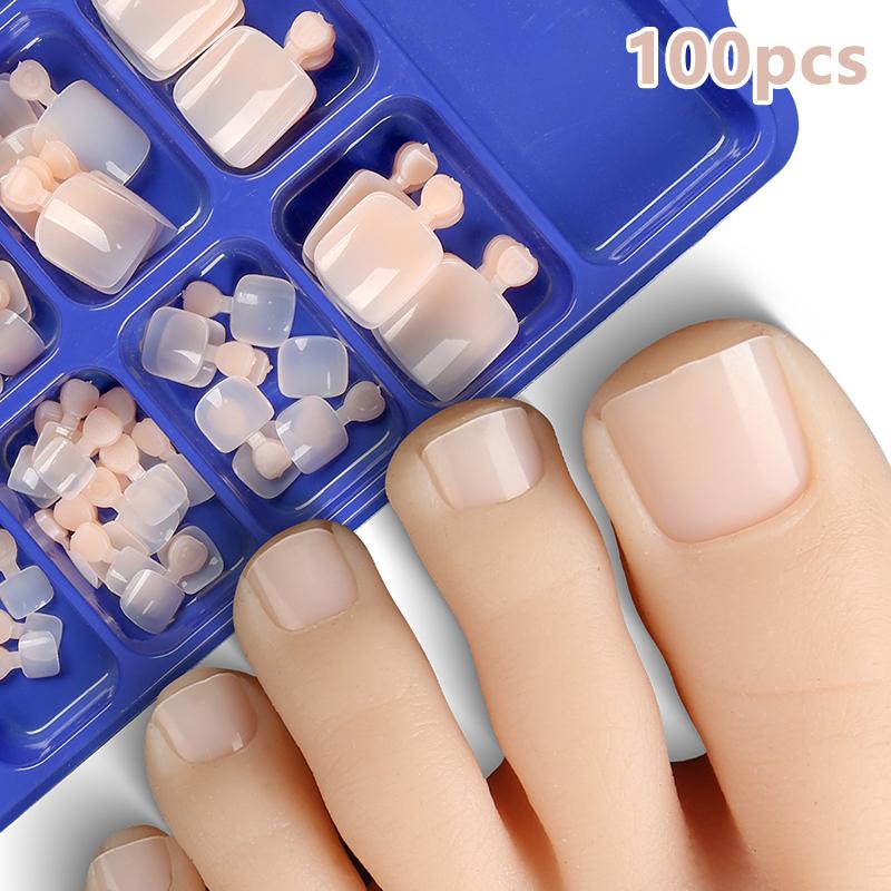 100 Stück Falscher Zehennagel Naturfarben Volltonfarbe Aufdrücken Zehe Fuß Vollabdeckung Quadratische Nägel Nagelkunstspitzen Schnell Tragbares Nagel Maniküre Werkzeug nude
