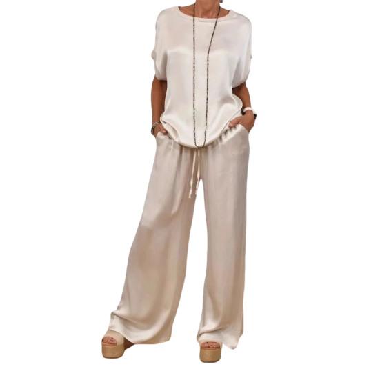 2-teiliges Set mit Oberteil und Hose aus Satin für Damen, Rundhalsausschnitt, Halbarm, Bluse, weites Bein, Hose mit elastischer Taille und Taschen, lockeres Outfit für die tägliche Freizeit 2XL weiß