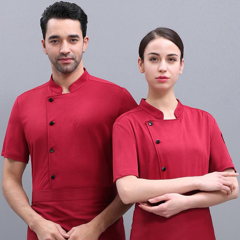 360° atmungsaktive Sommer-Kochjacke aus Netzstoff für Herren und Damen, kurzärmelig, Kochhemd, cooles Arbeitsoberteil, Foodservice, schwarzes Küchen-Outfit M rot