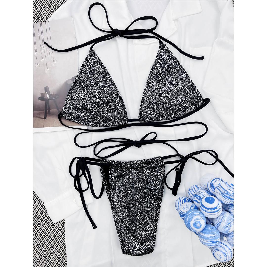 Glitzer funkelnder Wickel-Mini-Bikini, Damen-Bademode, weiblicher Badeanzug, zweiteiliges Bikini-Set, Badende, Badeanzug, Schwimmen M silber