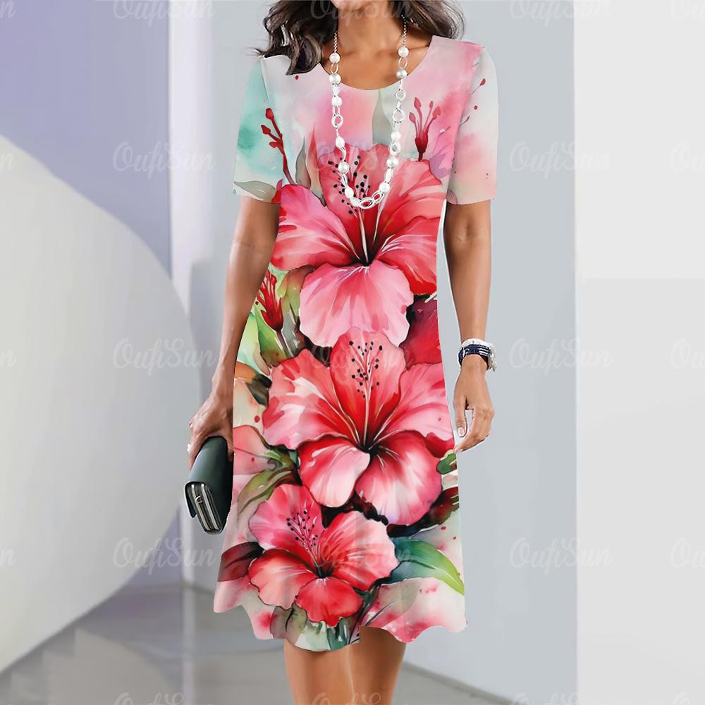 Damenkleider Blumendruck Sommer Luxus Midi-Kleider Damen Kurzarmkleid Mode Übergroße Kleidung XL pink