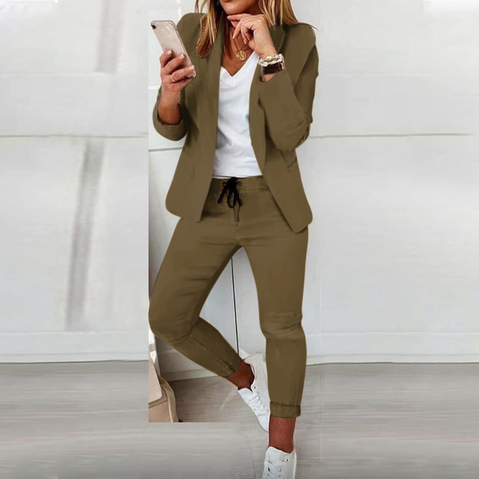Damen Zweiteiliger Hosenanzug Set Outfits Frühling Herbst Umlegekragen Print Blazer Mantel Kordelzug Hose Anzug Damen Casual Sets XS hellbraun