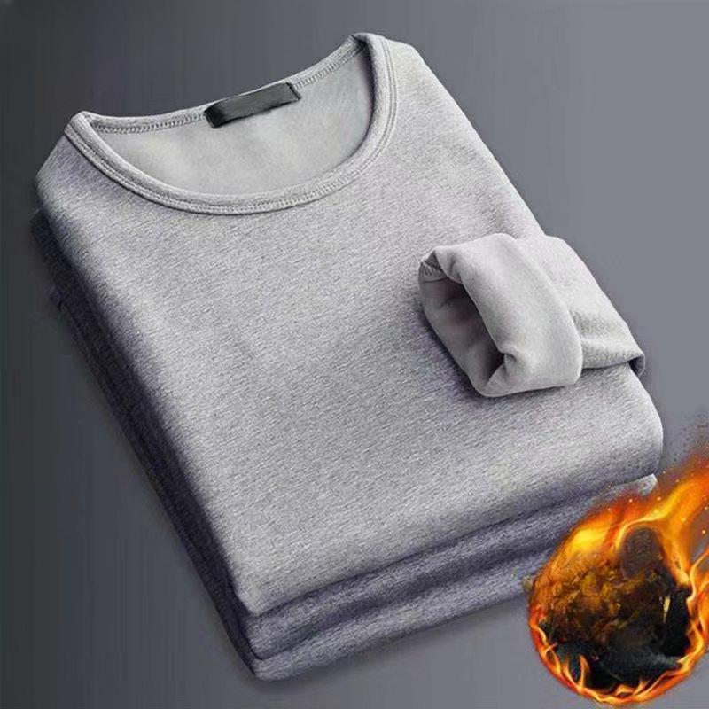 Winter Herren Langarm Thermo Unterwäsche T-Shirt Fleece Bottoming Shirt Rundhals Shirt Fashion Plus Samt gepolstertes T-Shirt 4XL 80-90KG licht grau