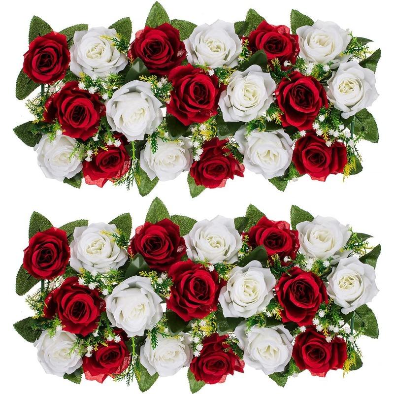 2 Stück Hochzeitsdekorationen Künstliche Blumen Kunstblumen Seidenblumengesteck Tischdekoration Rose Blume für Zimmer Empfangstischdeko bordeaux