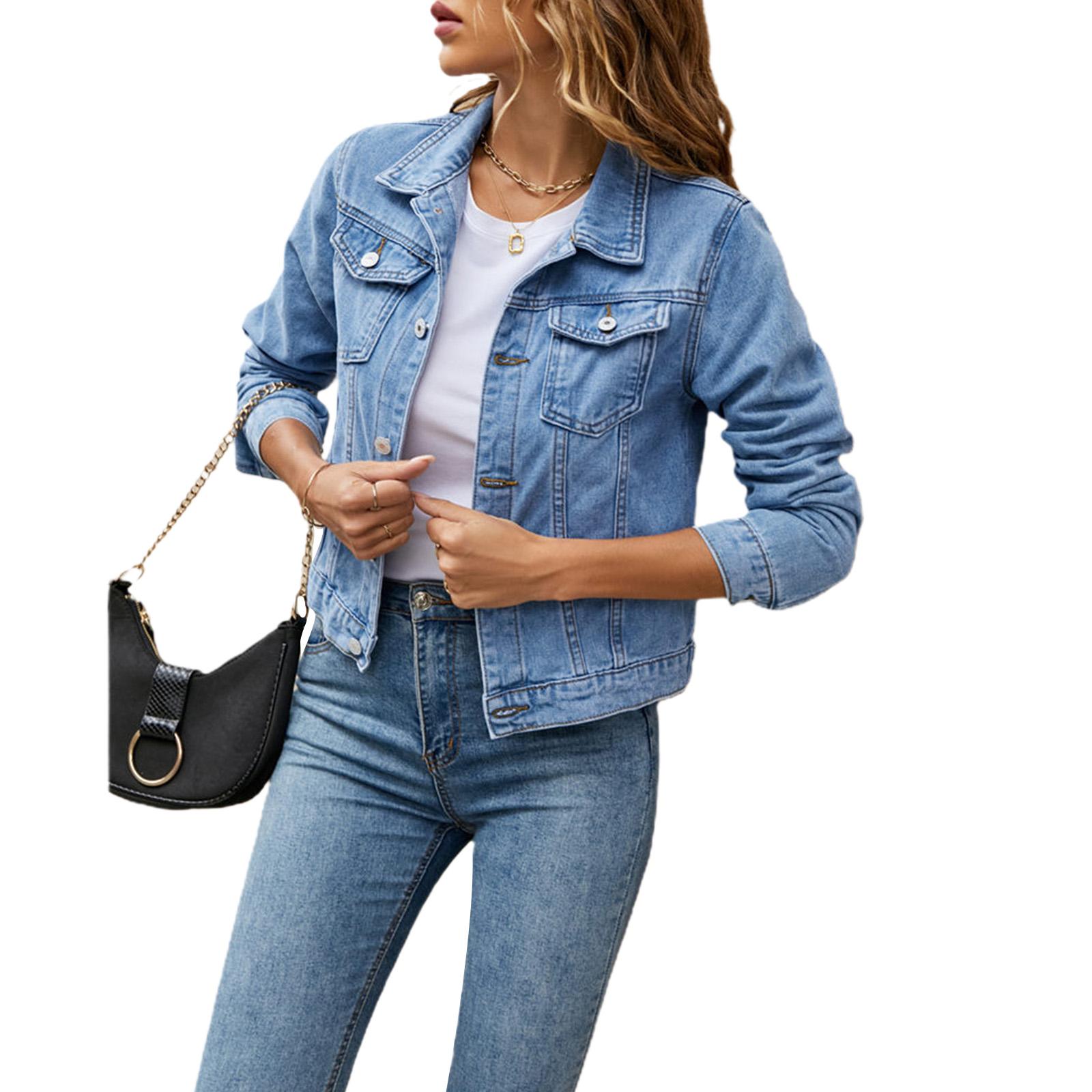 Damen-Jeansjacke, modisch, weiblich, lässig, langärmelig, Revers, feste Knopfleiste, Brusttasche, schlanke Jean-Jacke, Herbst-Wintermantel XL hellblaue