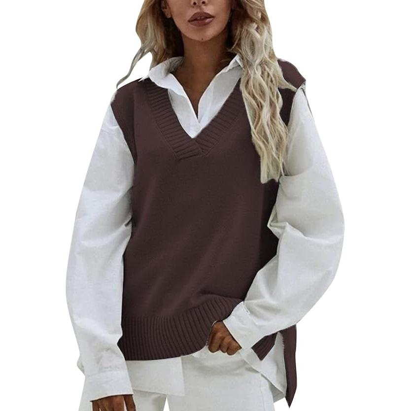 Damen Strickweste, ärmellos, V-Ausschnitt, Rippstrick, geteilter Pullover, Pullover, Weste, Bluse, Weste, Hemd One Size kaffeebraun