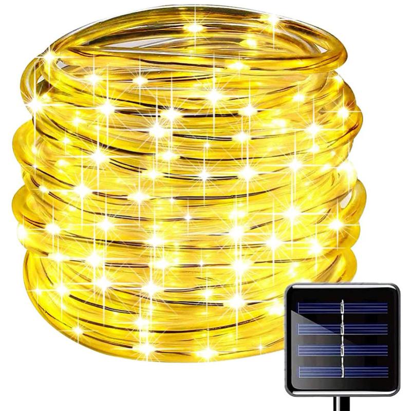 32 m/22 m/12 m/7 m Solar-LED-Licht für den Außenbereich, Garten, Weihnachtsdekoration, Solarschnur, Lichterkette, Elfengürtel, Hof, Gartengeländer, Landschaftsbeleuchtung Rope 7M 50LED gelb