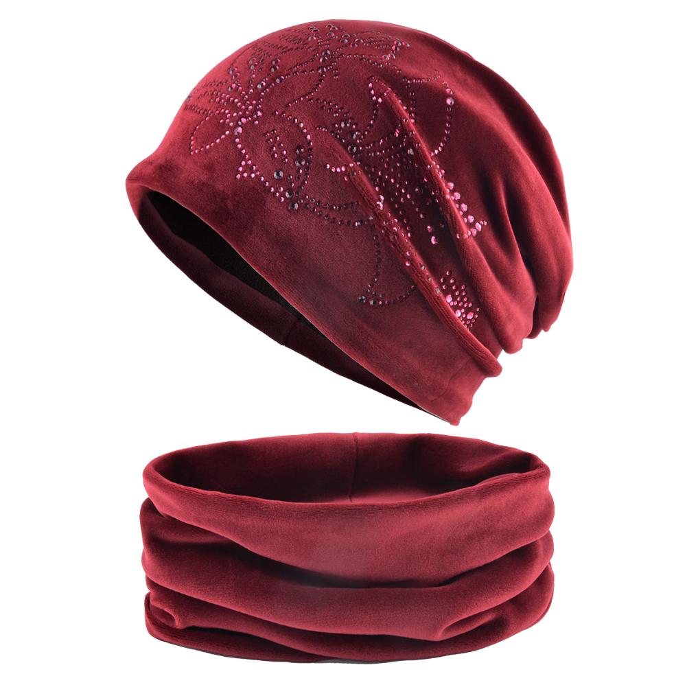 Damen Beanie Mode Strass Blume Hut und Schal Winter warme Samt Mützen Schals Set Mädchen rot