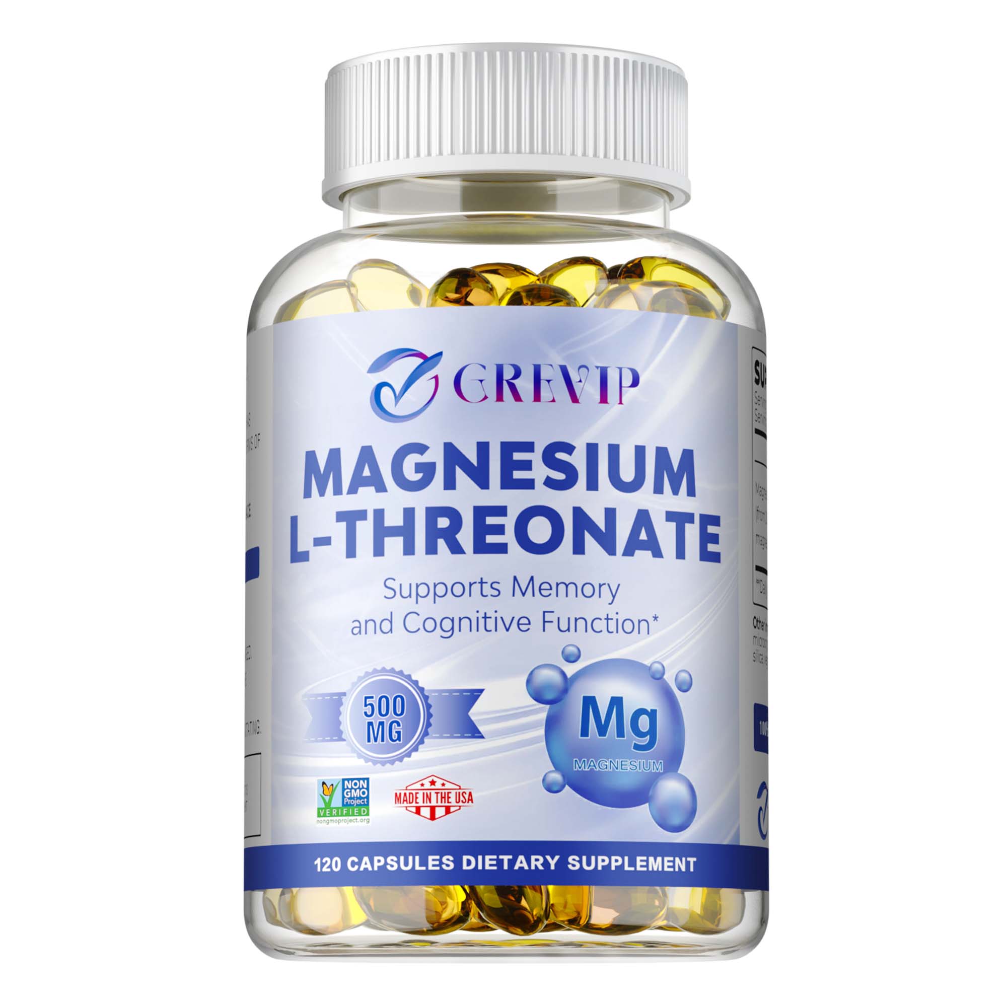 Magnesium-L-Threonat-Nahrungsergänzungsmittel - 500 mg - Unterstützt die Gehirngesundheit, verbessert das Gedächtnis und die Konzentration, GVO-frei, 120 vegetarische Kapseln 120