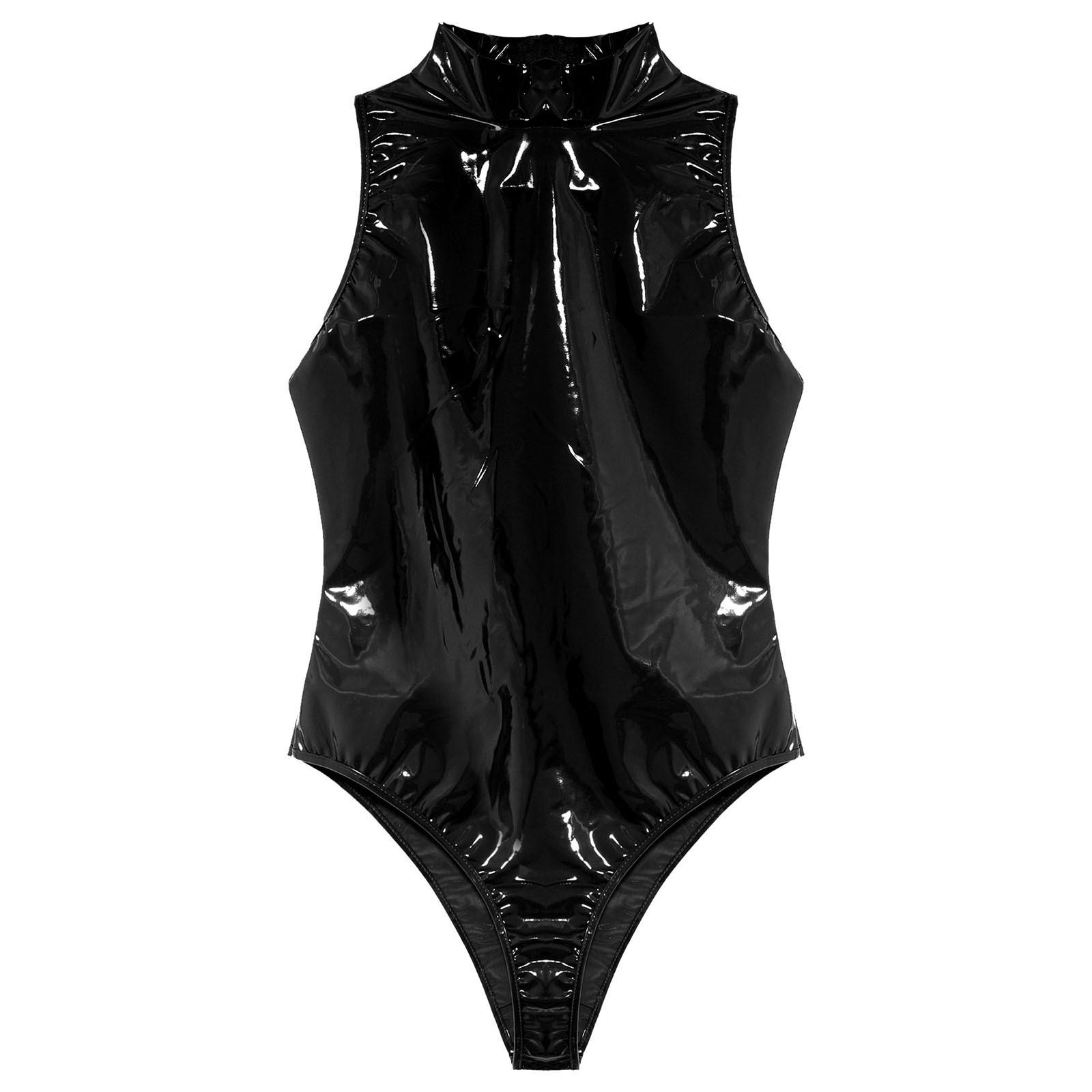 Damen Mock Neck Ärmelloser Body Nasse Optik Lackleder Catsuit Hoch Ausgeschnitten Eng Anliegend Einteiler Jumpsuit L schwarz
