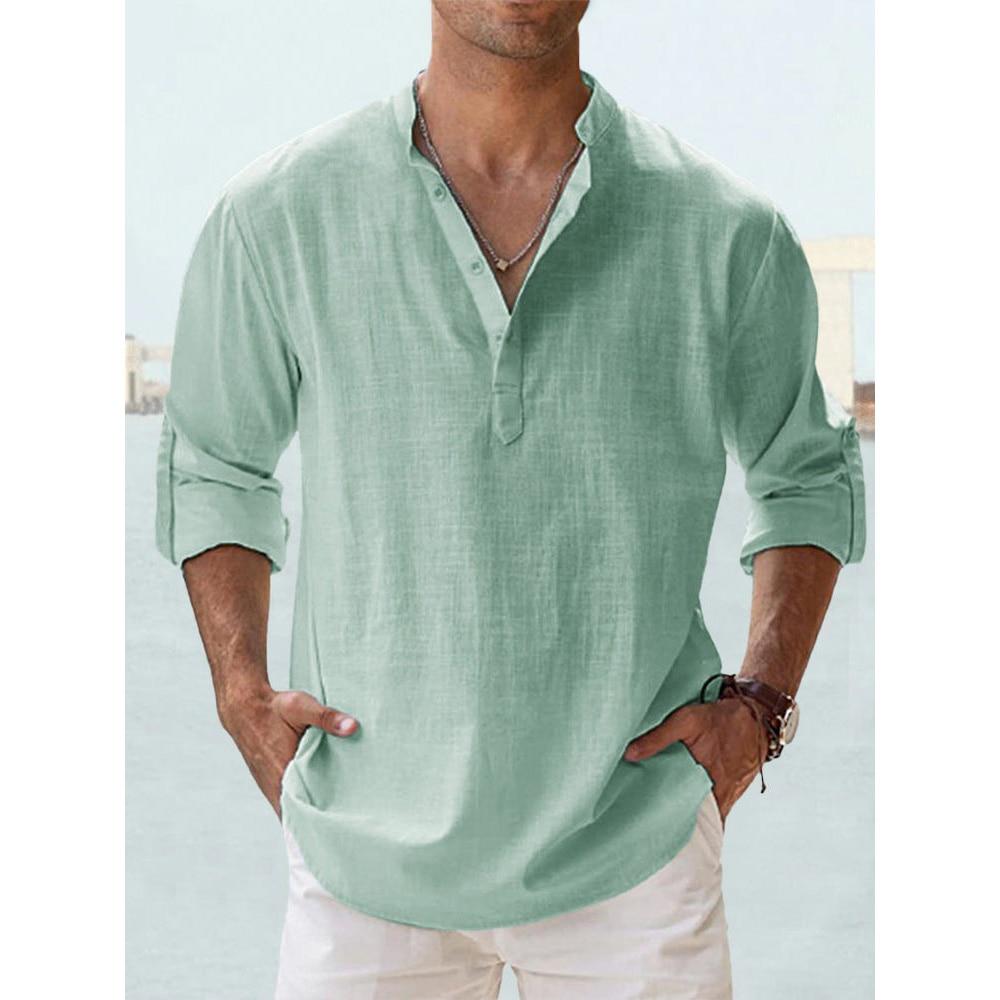 Neue Baumwoll-Leinen-Hemden für Herren, Freizeithemden, leichte Langarm-Henley-Strandhemden, hawaiianische T-Shirts für Herren, Streetwear US XXL 90-100 KG grün