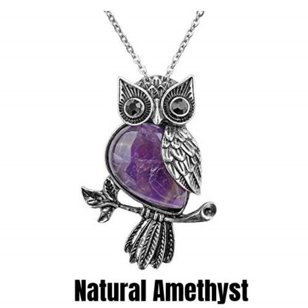 Eulen-Geschenke, Eulen-Halskette, heilende Kristallsteine, Amethyst-Rosenquarz-Anhänger-Halskette für Damen und Herren Natural Amethyst gray