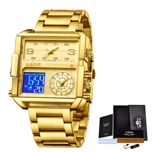 LIGE Top Marke Luxus Herren Uhren Quadratische Digitale Sport Wasserdicht Männer Quarz Armbanduhr gold