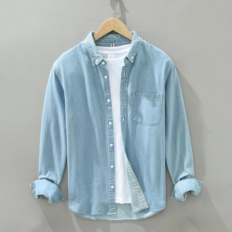 Koreanischer Schlichter Stil Langarm Hellblaues Denimhemd Herren Frühling/Herbst Täglich Herren Oberteile Reverskragen Reine Baumwolle Herren Freizeithemd M hellblaue