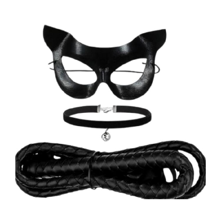 3 Stück Schwarze Katzen Kostümzubehör Maskenball Maske,Glocken Halsband Halskette Peitsche Halloween Party Cosplay Kostüme für Damen 1 schwarz