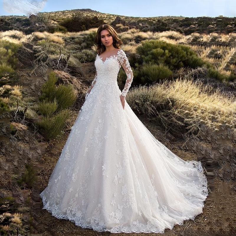 2026 Frühling & Sommer Neues Damen Langarm Ein-Schulter Braut Hochzeitskleid mit Spitzenjacquard für die Braut XXXL