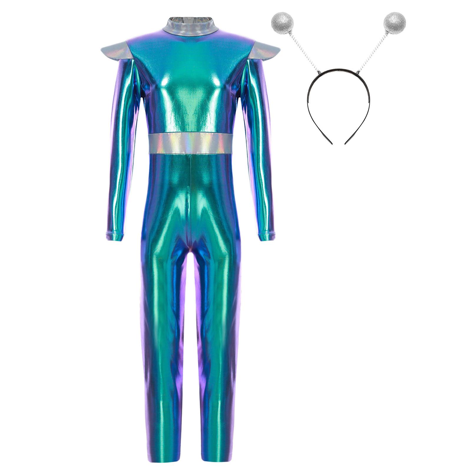 Kinder Alien Cosplay Kostüm 2-teiliges Set Langarm Ganzkörper-Body mit Alien Haarreif für Halloween Verkleidungspartys 15-16 Years blau