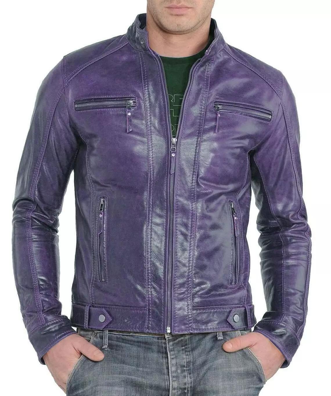 Stilvolle Lila Echte Weiche Lammleder Herrenjacke Lässig Biker Motorrad Handgefertigt XS violett