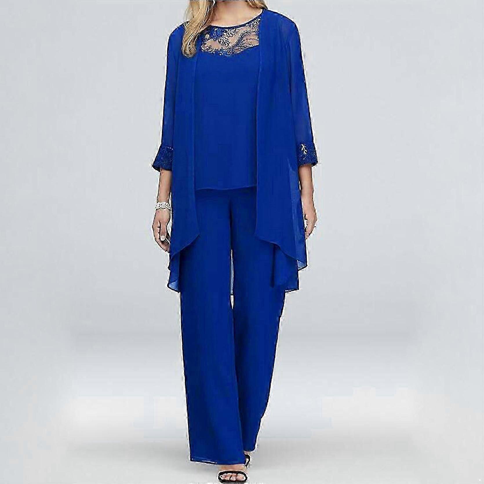 Hosenanzüge für die Mutter der Braut, 3-teilig, für Damen, Hochzeit, formelles Outfit-Set, Chiffon-Abendkleid, Übergröße S blau